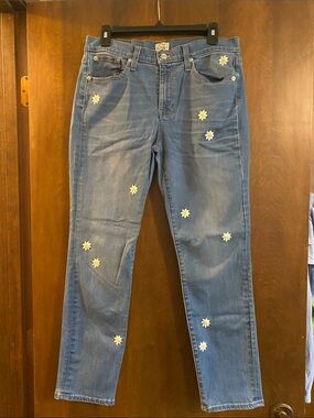 J CREW Broken in boyfriend jeans. Mid rise blue denim w daisy flowers embroidery